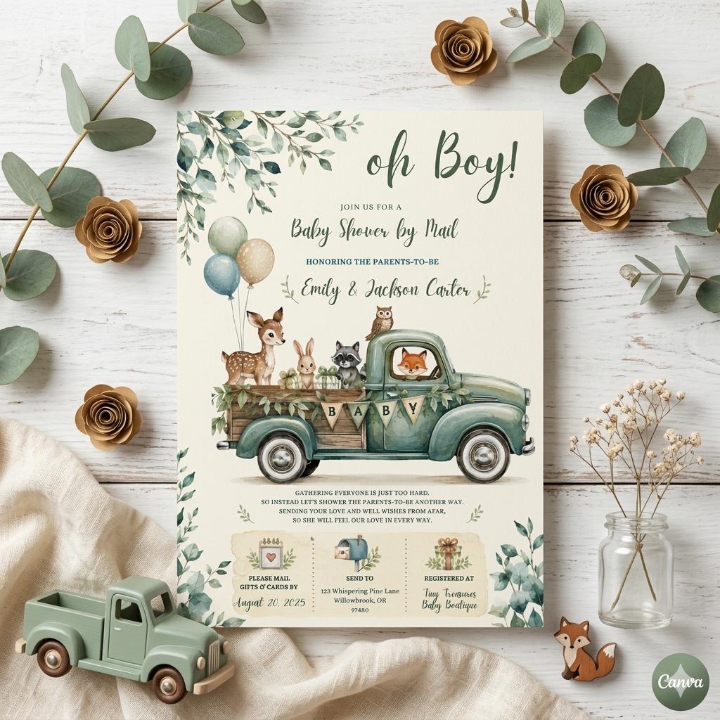 Woodland Animals Baby Shower By Mail Invitation Boy Blue Pickup Truck Deer Bear Shower By Mail Printable (Canva Template)