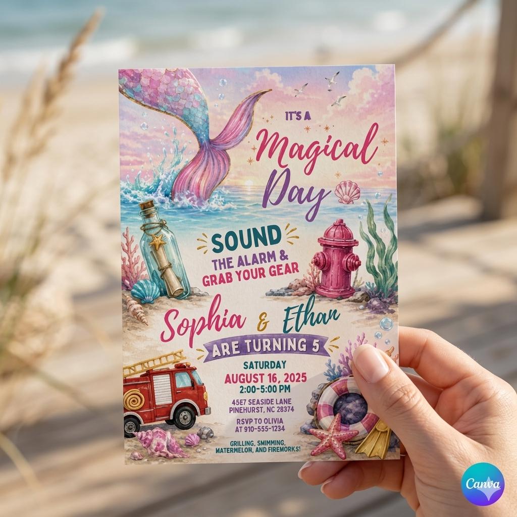 Editable Mermaid Birthday Invitation Template , Boy Girl Invite (Digital Download)