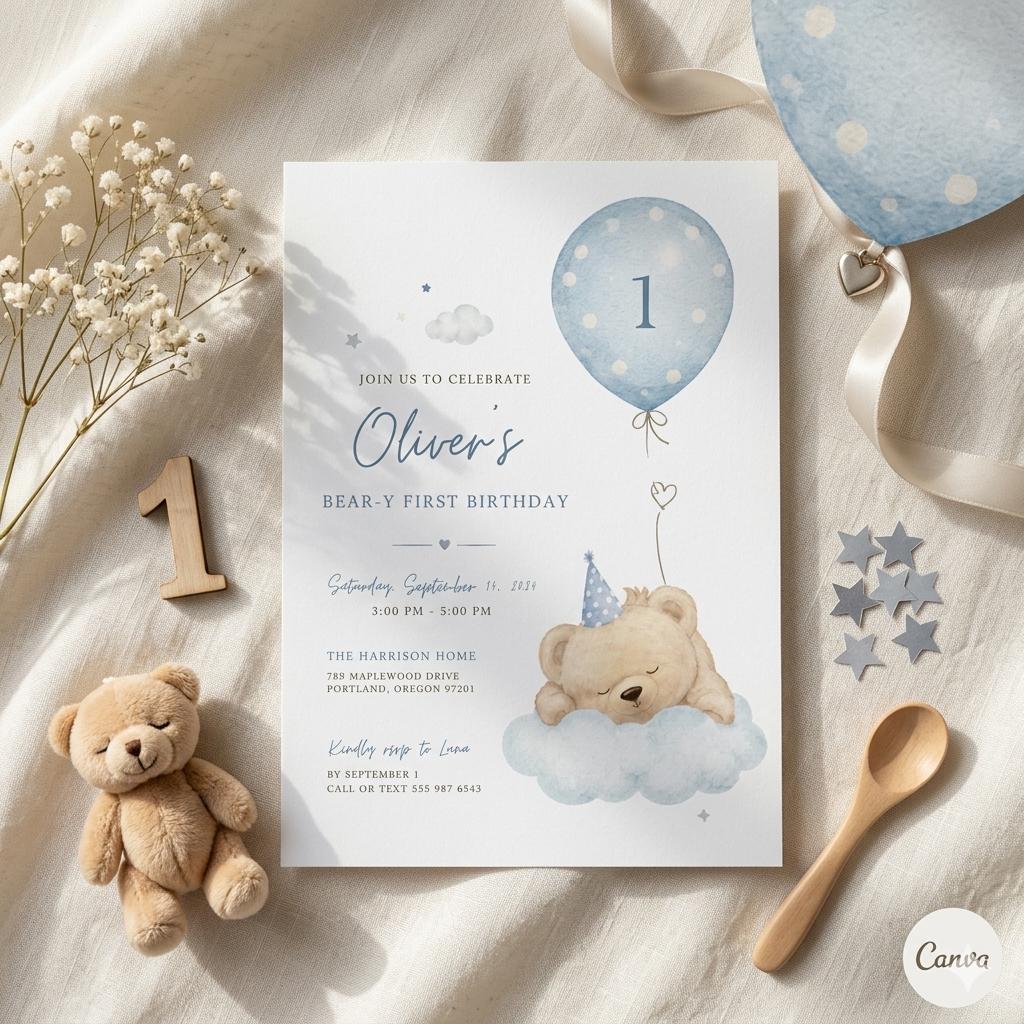 Beary First Birthday Invitation, Bear Birthday Invite, Teddy Bear First Birthday, 1st Birthday Boy, Beary 1st Birthday Party Invite, Canva