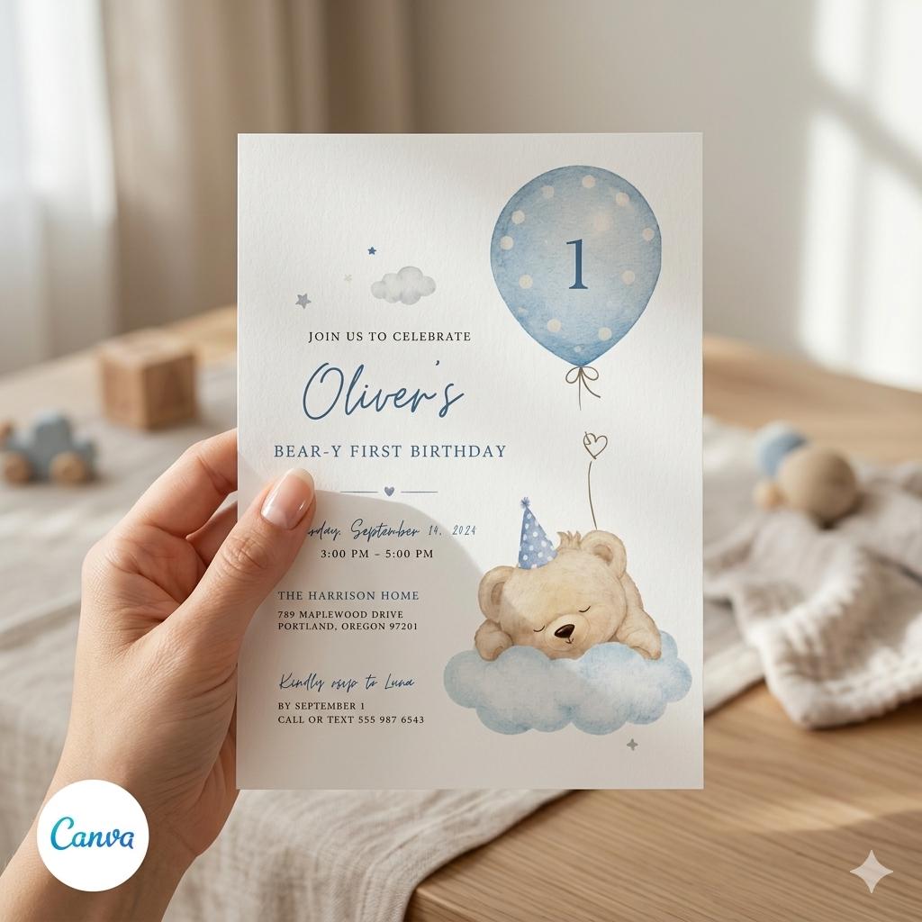 Beary First Birthday Invitation, Bear Birthday Invite, Teddy Bear First Birthday, 1st Birthday Boy, Beary 1st Birthday Party Invite, Canva