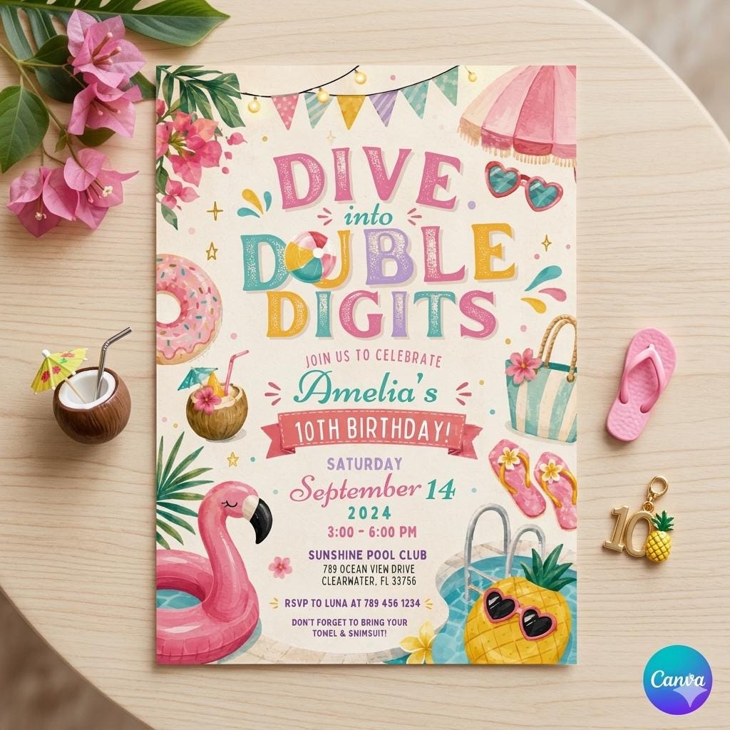 Editable Girl Tropical Dive into Double Digits 10th Birthday Beach Party Invitation Pool Water Park Birthday (Digital Download)