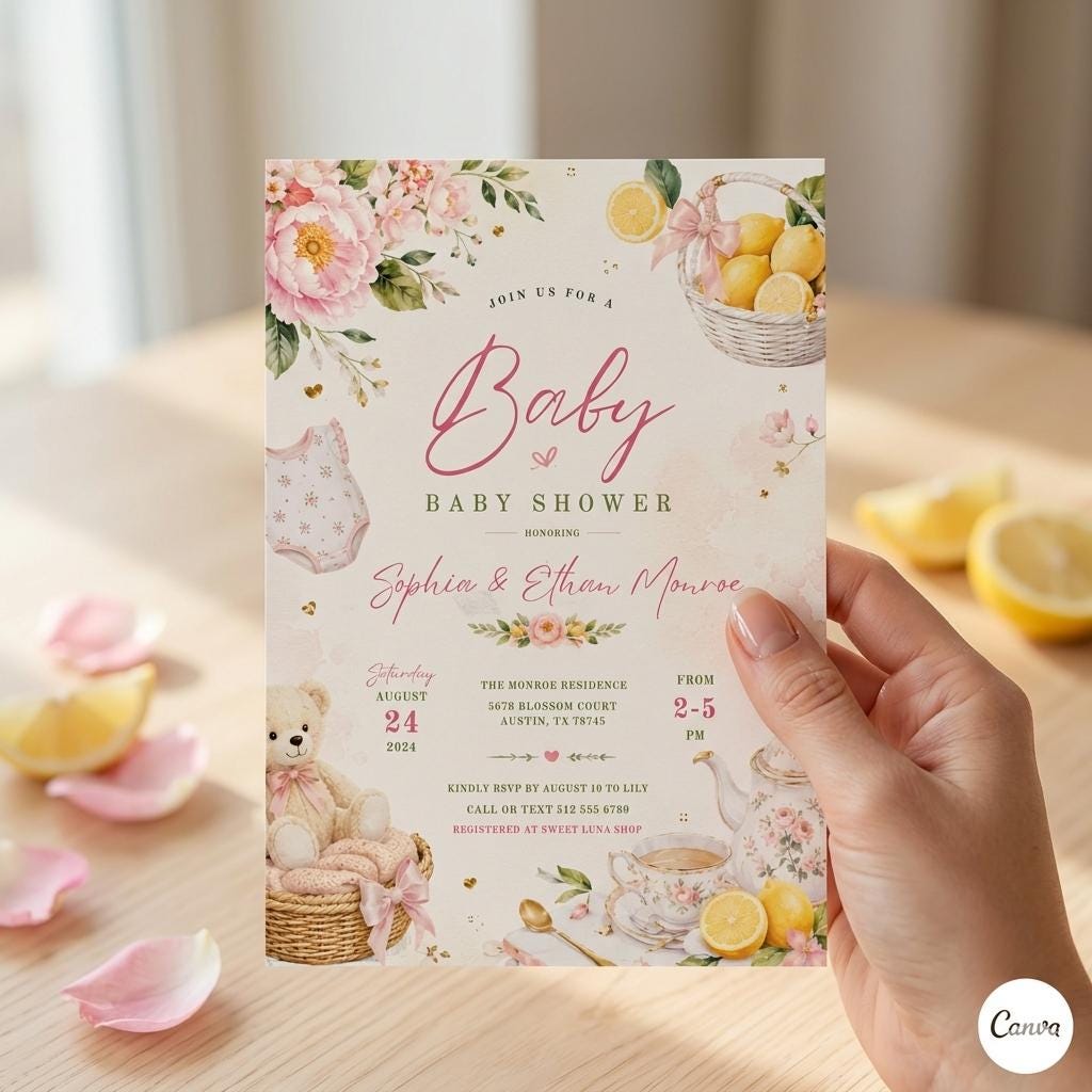 Baby Shower Invitation Template: Editable Floral Lemon Design (Digital Download)