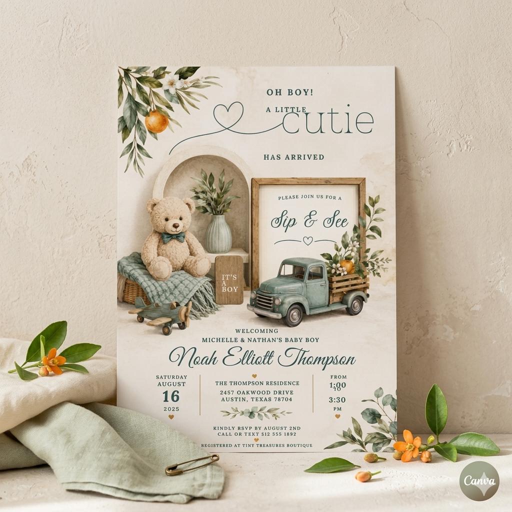 Baby Boy Sip and See Invitation Template , A Little Cutie Has arrived Blue Pickup Truck Orange Oh Boy Couple Couples (Digital Download)