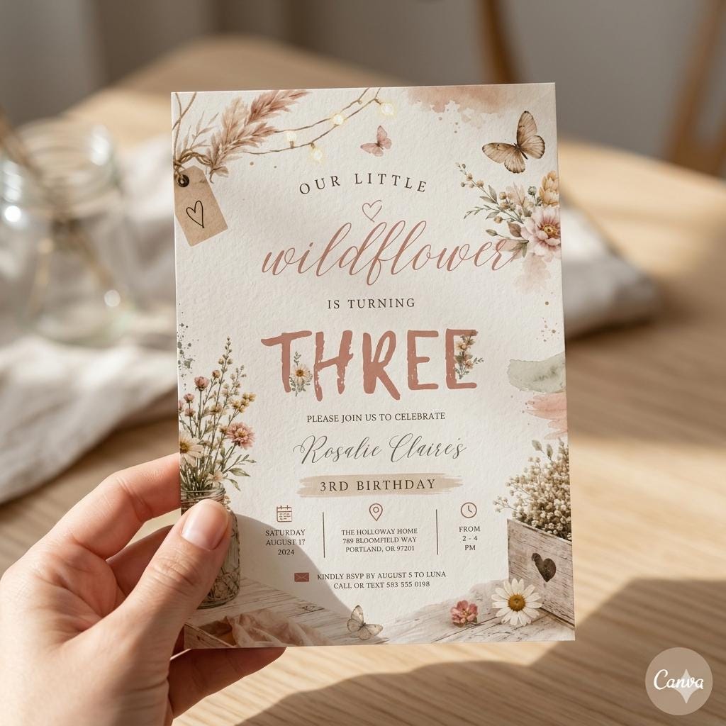 Wildflower Birthday Invitation Template: Wildflower 3rd Birthday Invitation Blush Mauve Yellow Floral Garden Flower Invite Digital Download