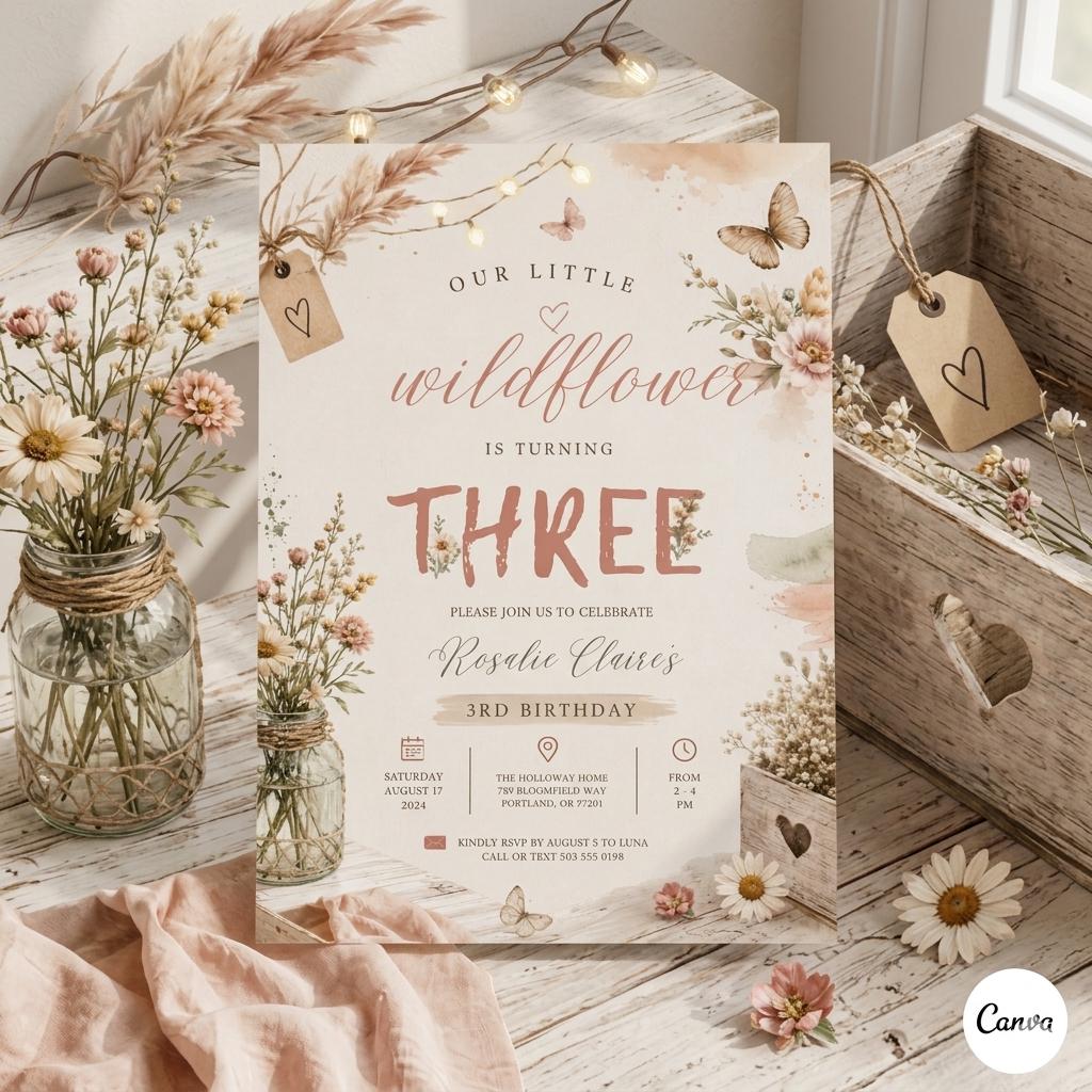 Wildflower Birthday Invitation Template: Wildflower 3rd Birthday Invitation Blush Mauve Yellow Floral Garden Flower Invite Digital Download