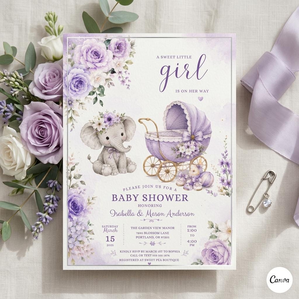 Editable Baby Shower Invitation Template: Little Girl Elephant Floral Design (Digital Download)