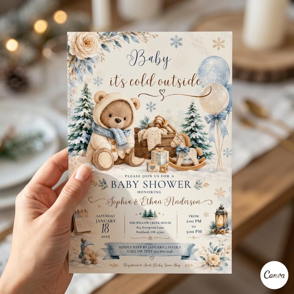 Baby It's Cold Outside Shower Invitation Template , Winter Blue Snowflake Boy Polar Bear Baby Bridal Shower Baptism (Digital Download)