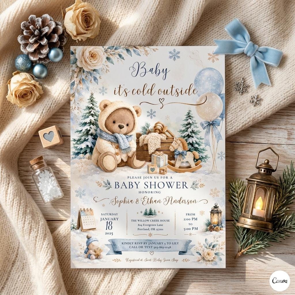 Baby It's Cold Outside Shower Invitation Template , Winter Blue Snowflake Boy Polar Bear Baby Bridal Shower Baptism (Digital Download)