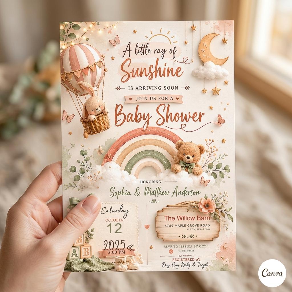 Sunshine Baby Shower Invitation Template: Gender Neutral Little Ray of Sunshine Baby Shower Invite (Digital Download)