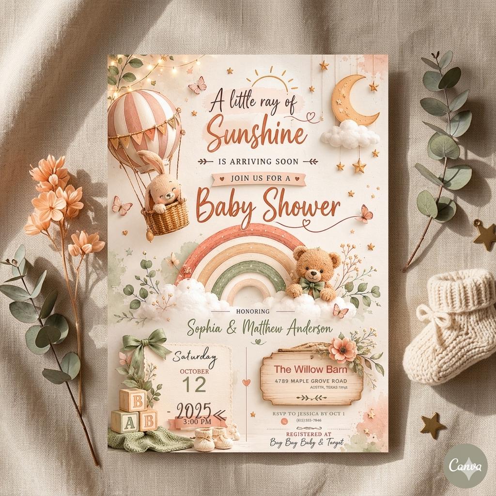Sunshine Baby Shower Invitation Template: Gender Neutral Little Ray of Sunshine Baby Shower Invite (Digital Download)