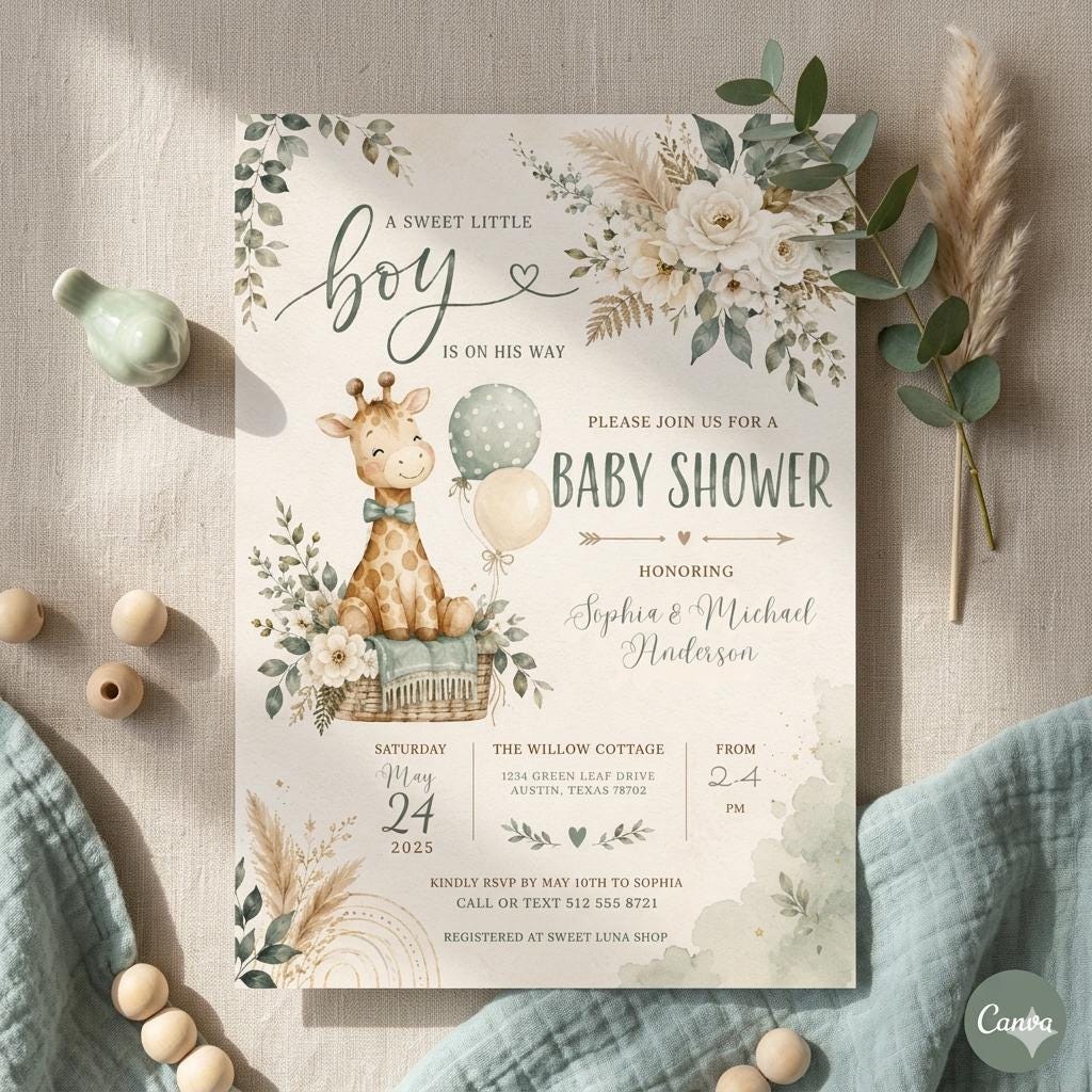 Editable Baby Shower Invitation Template: Giraffe Boy Event (Digital Download)