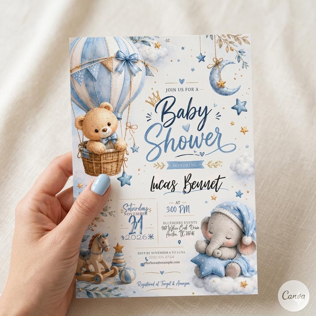 Baby Shower Invitation Template: Editable Bear Hot Air Balloon Design (Digital Download)