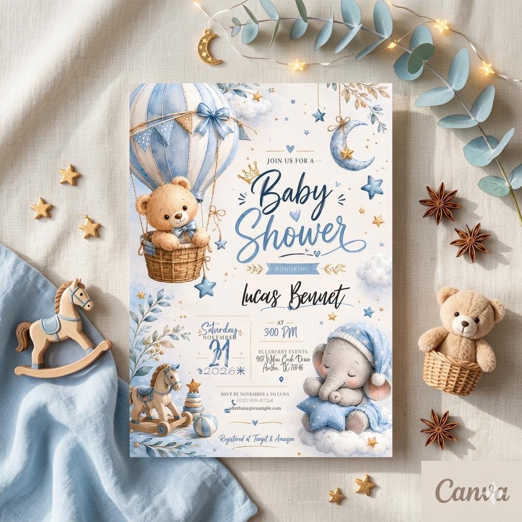 Baby Shower Invitation Template: Editable Bear Hot Air Balloon Design (Digital Download)