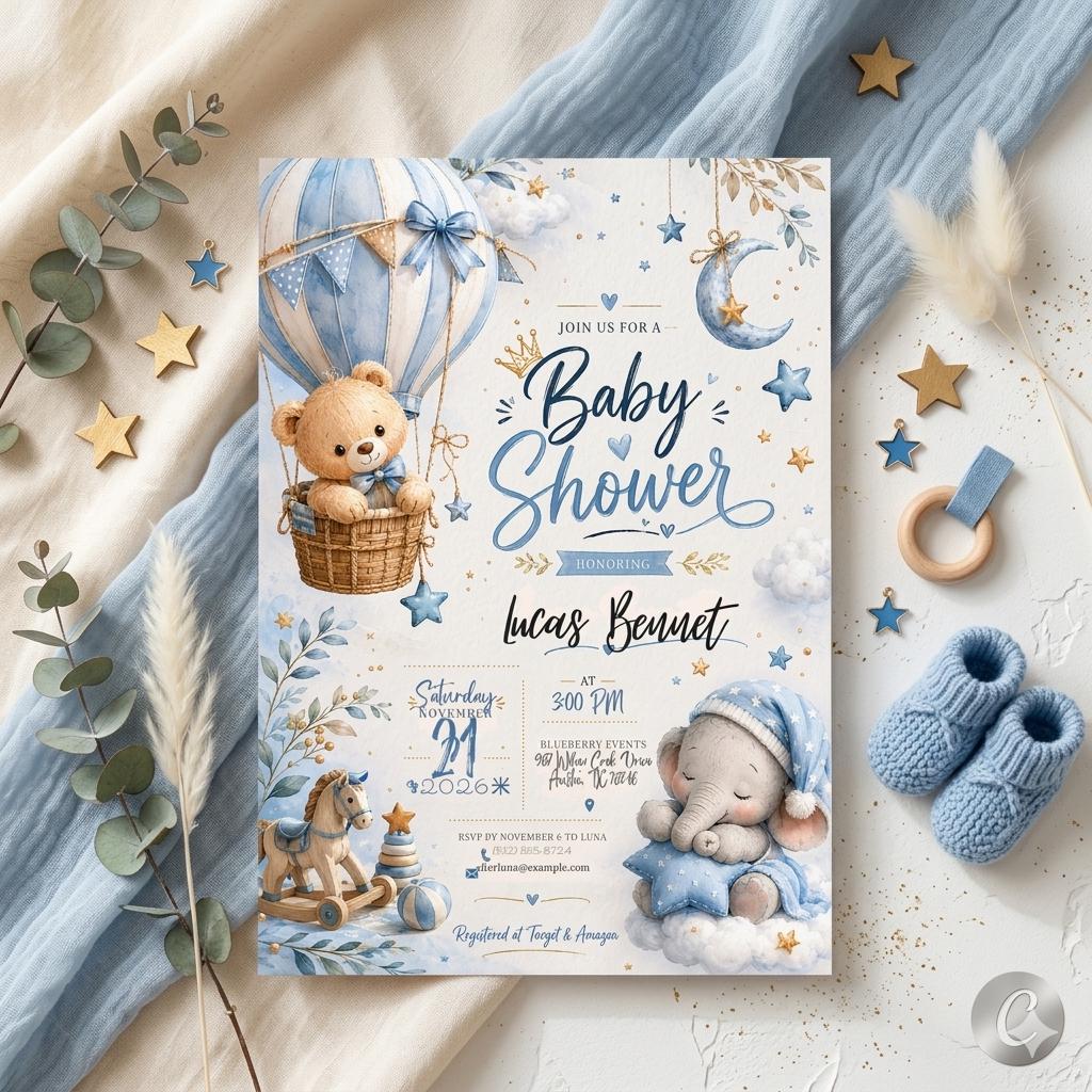Baby Shower Invitation Template: Editable Bear Hot Air Balloon Design (Digital Download)