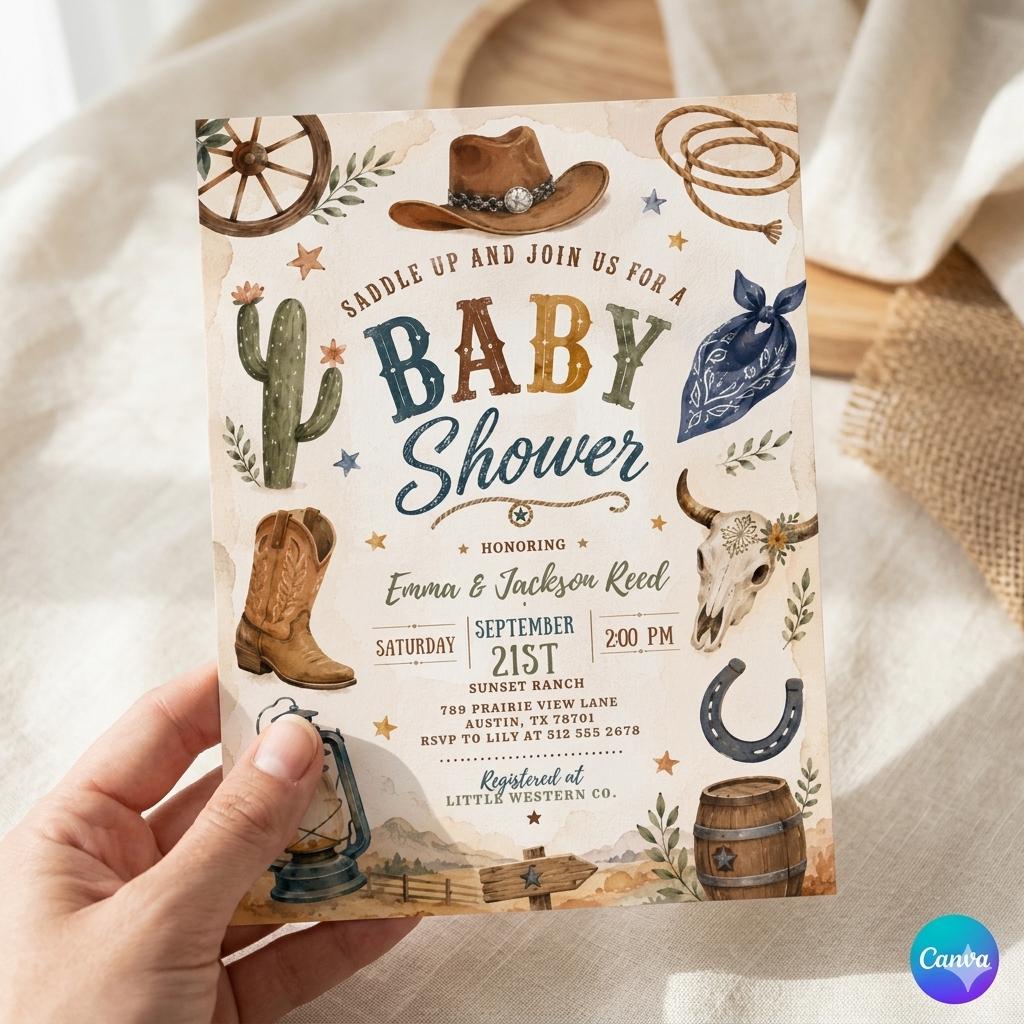 Western Baby Shower Invitation Template: Rodeo Ranch Wild West Little Cowboy Baby Shower Invite (Digital Download)