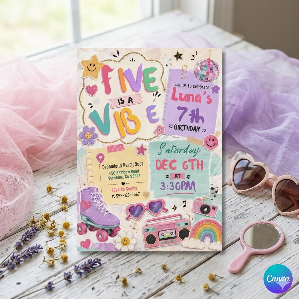 Five is Vibe Invite , Disco Birthday Invitation . Girl Groovy Hippie Retro 70s Tween Teen Kids Dance Party , Editable Canva Template