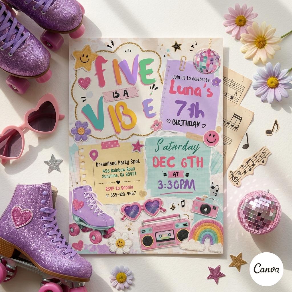 Five is Vibe Invite , Disco Birthday Invitation . Girl Groovy Hippie Retro 70s Tween Teen Kids Dance Party , Editable Canva Template