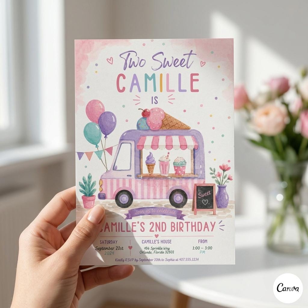 Ice Cream Truck Birthday Invitation Template, Here's The Scoop Birthday Invitation, Ice Cream Birthday, Summer Invite, Canva Template