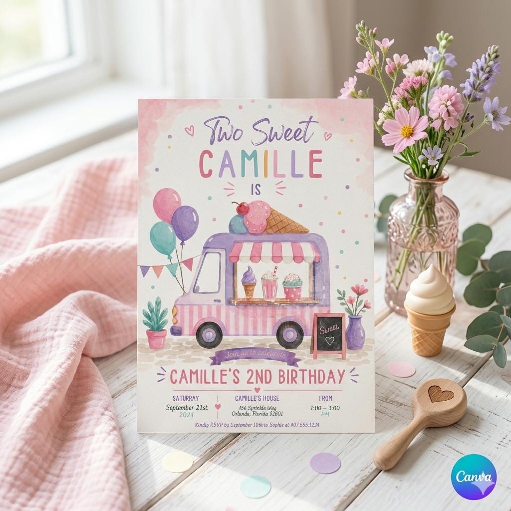 Ice Cream Truck Birthday Invitation Template, Here's The Scoop Birthday Invitation, Ice Cream Birthday, Summer Invite, Canva Template