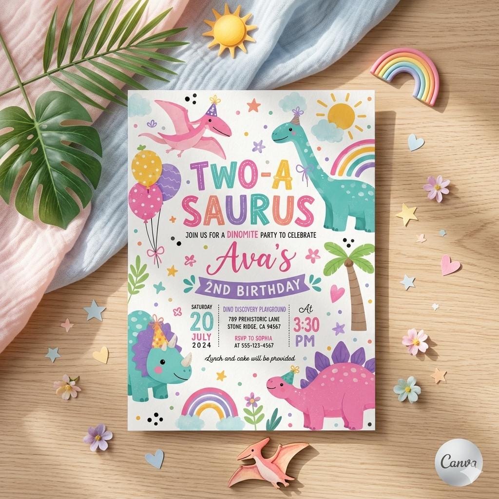 Five A-Saurus Birthday Invitation, Dinosaur Birthday Invitation, T-rex Birthday Invite, Dinosaur 5th Birthday Party Invite, Editable Canva