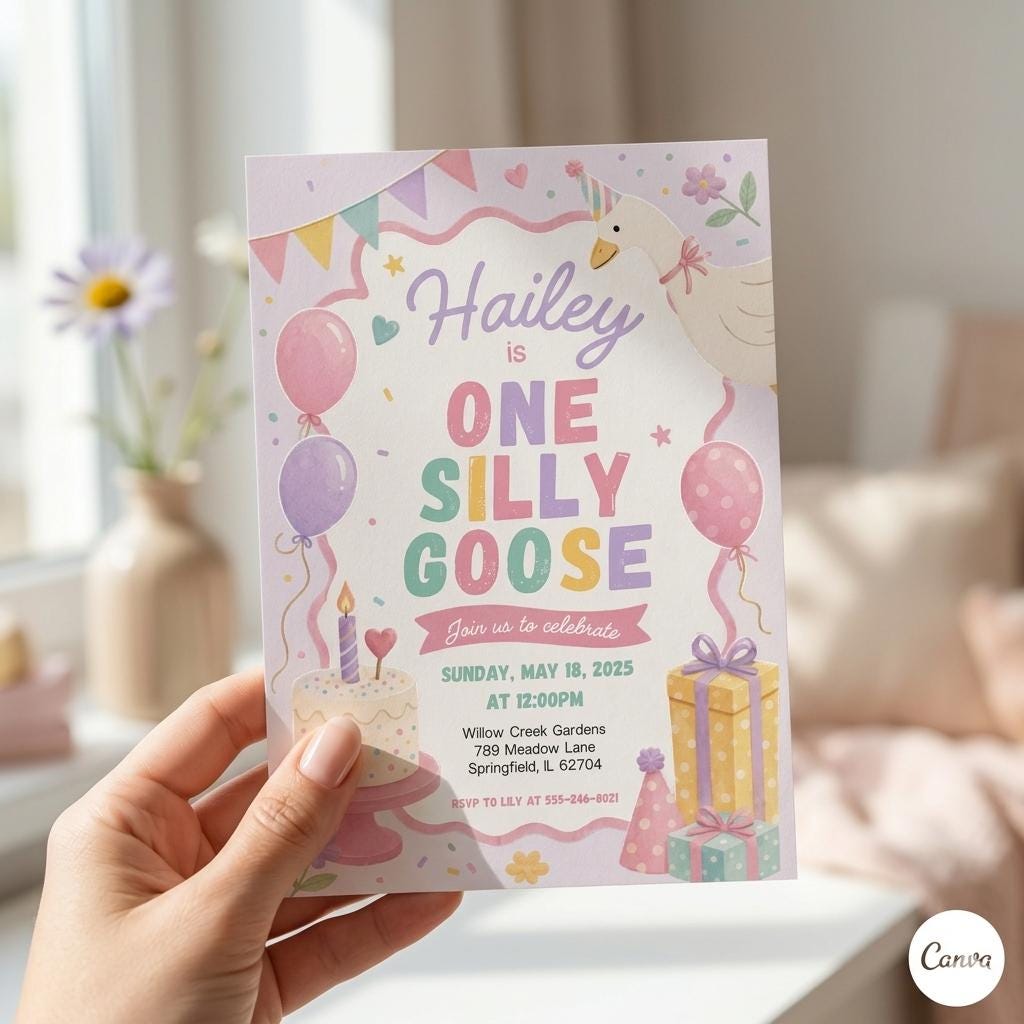 One Silly Goose First Birthday Invitation , Colorful Goose Birthday Invite , Editable One Silly Goose Party , Boy or Girl 1st Birthday