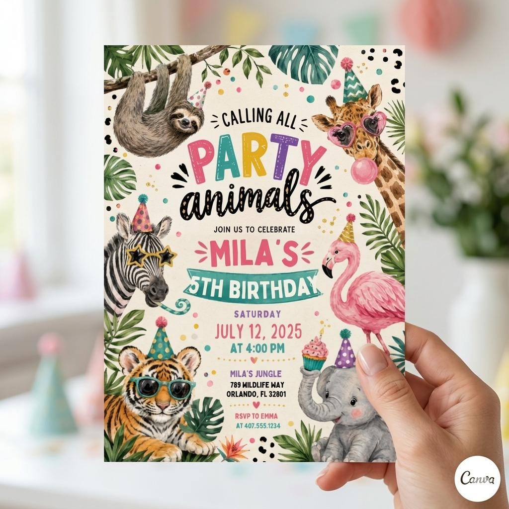 Editable Jungle Safari 4th invitation, Four Ever Wild Birthday, Safari 4th Birthday Invite Girl, Jungle Animal, Canva Template Printable