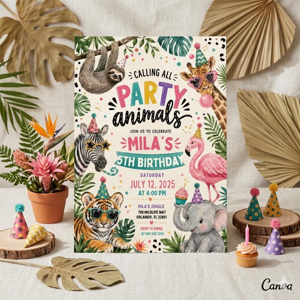 Editable Jungle Safari 4th invitation, Four Ever Wild Birthday, Safari 4th Birthday Invite Girl, Jungle Animal, Canva Template Printable