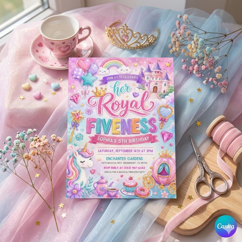 Editable Her Royal Five-Ness Princess 5th Birthday Party Invitation Neon Glow Princess Unicorn Magical 5th Birthday