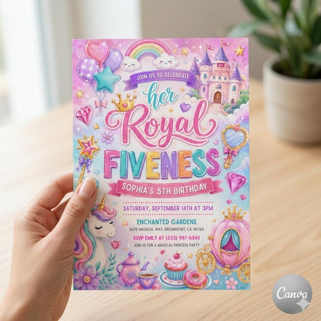 Editable Her Royal Five-Ness Princess 5th Birthday Party Invitation Neon Glow Princess Unicorn Magical 5th Birthday