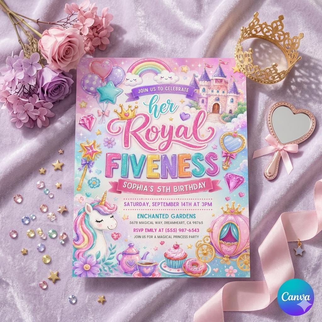 Editable Her Royal Five-Ness Princess 5th Birthday Party Invitation Neon Glow Princess Unicorn Magical 5th Birthday