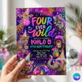 Editable Four Ever Wild Safari Animals 4th Birthday Invitation Neon Rainbow Cheetah Print Leopard Print Safari Party Download