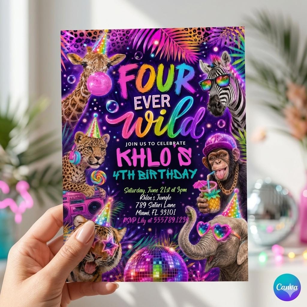 Editable Four Ever Wild Safari Animals 4th Birthday Invitation Neon Rainbow Cheetah Print Leopard Print Safari Party Download
