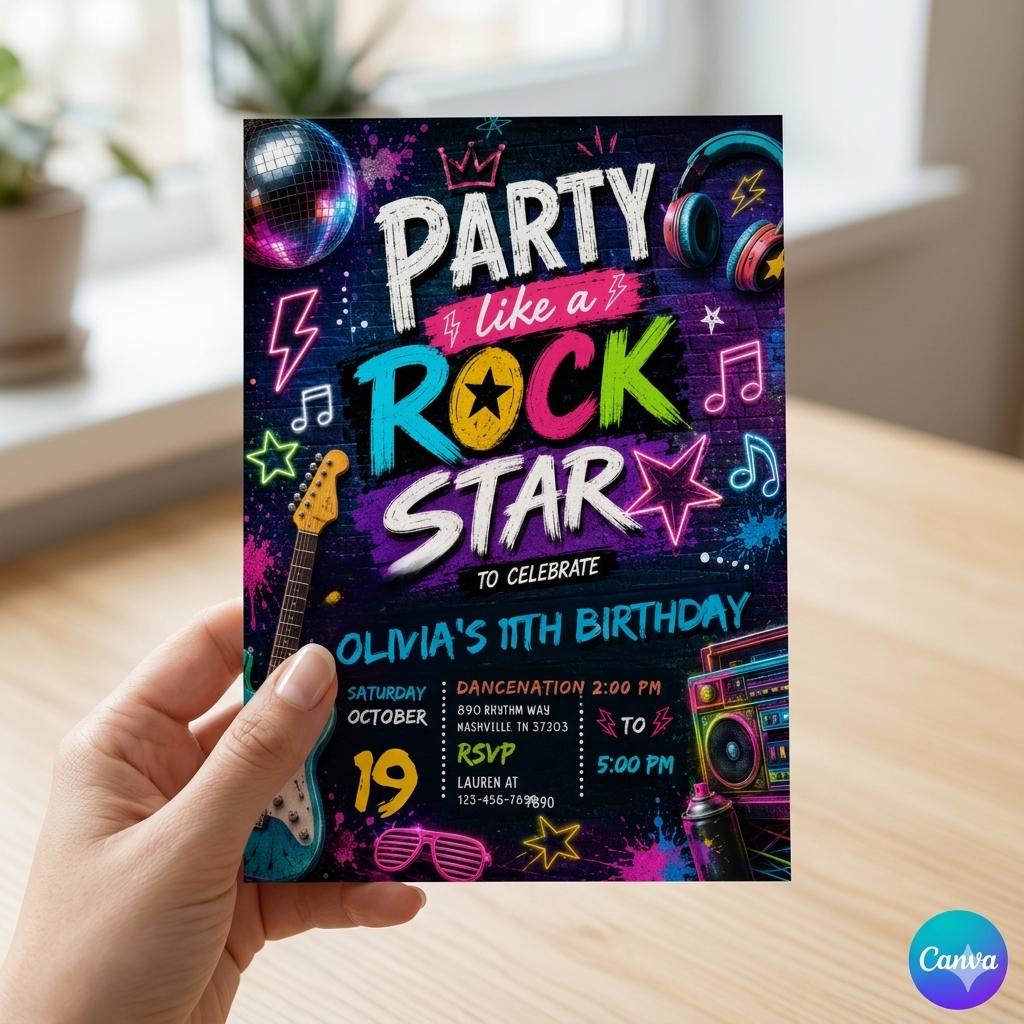 Editable Rock Star Birthday Party Invitation Neon Glow Party Like A Rockstar Birthday Neon Glow Singing Music Party