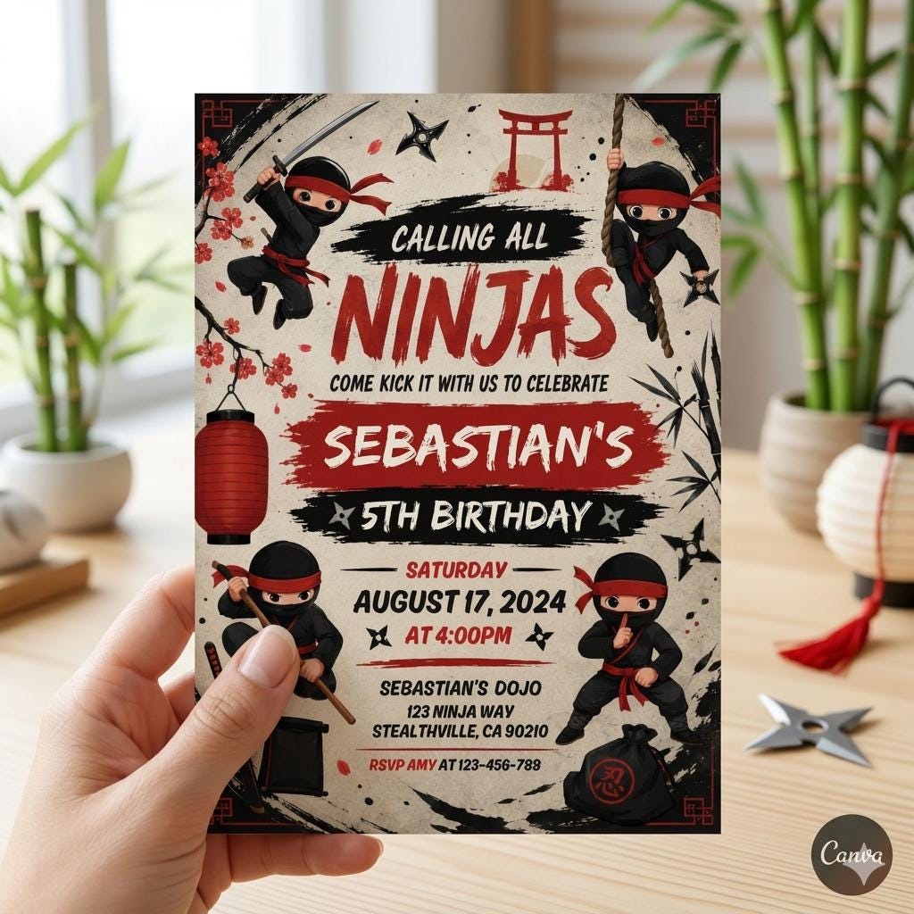 Ninja Birthday Invitation , Karate Boys Party Invite , Editable Ninja Canva Template , Digital Download