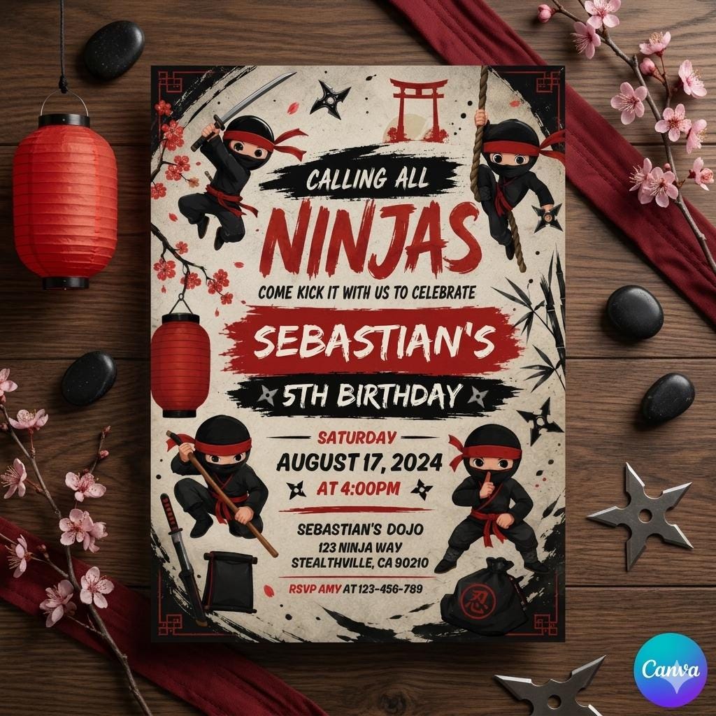 Ninja Birthday Invitation , Karate Boys Party Invite , Editable Ninja Canva Template , Digital Download
