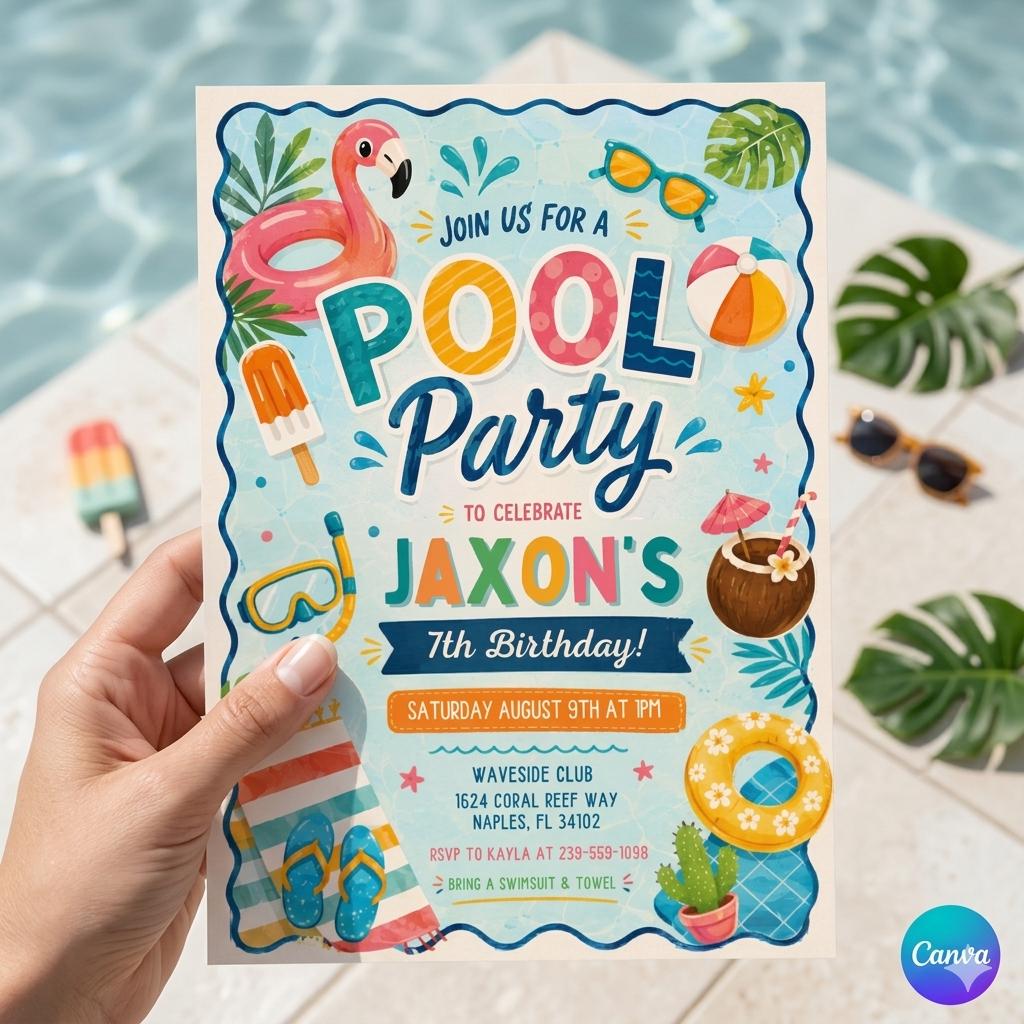 Editable Pool Party Birthday Invitation Boy Summer Pool Party Invite
