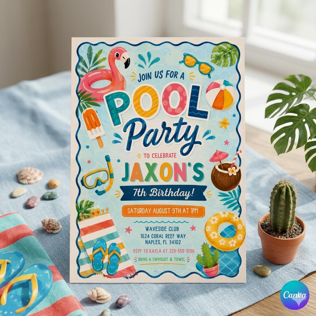 Editable Pool Party Birthday Invitation Boy Summer Pool Party Invite