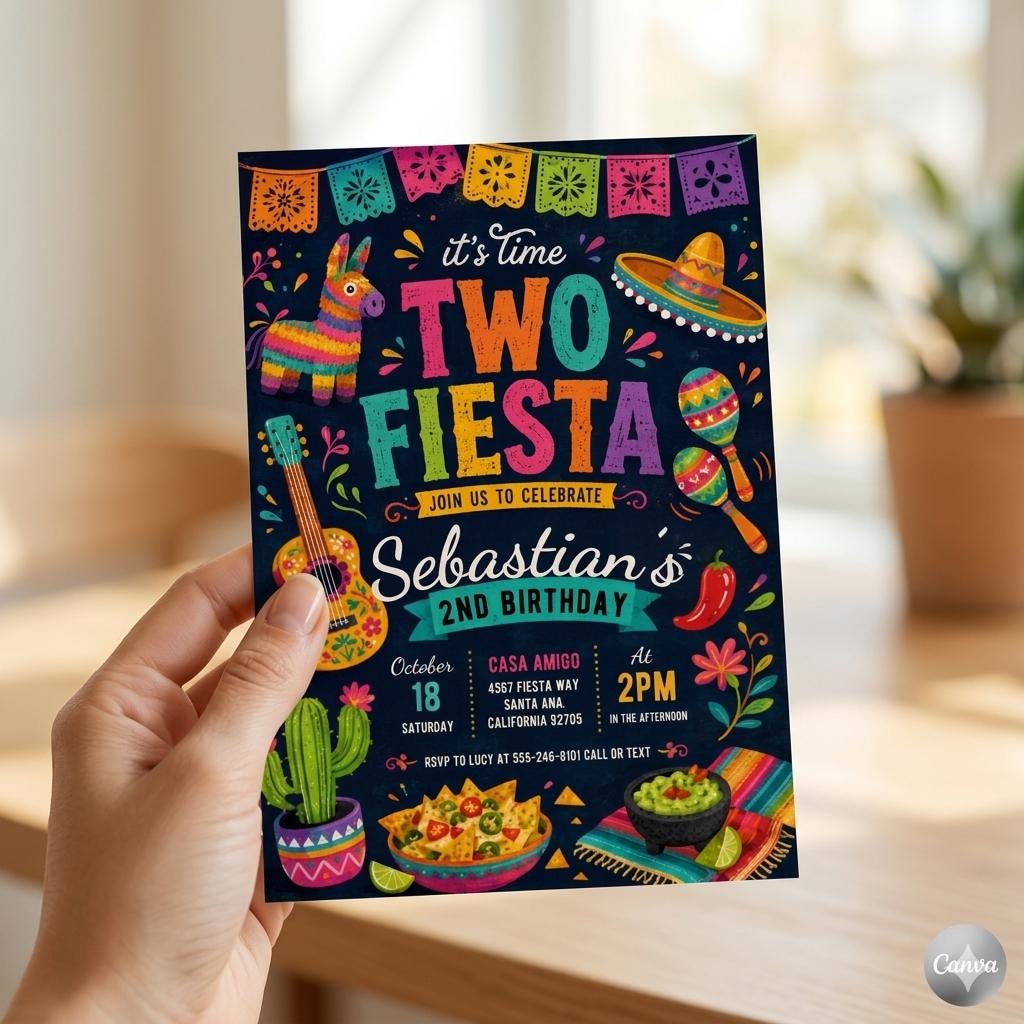 Editable Time Two Fiesta 2nd Birthday Party Invitation No Time To Siesta Let's Fiesta Mexican Cactus 2nd Birthday Party (Digital Download)