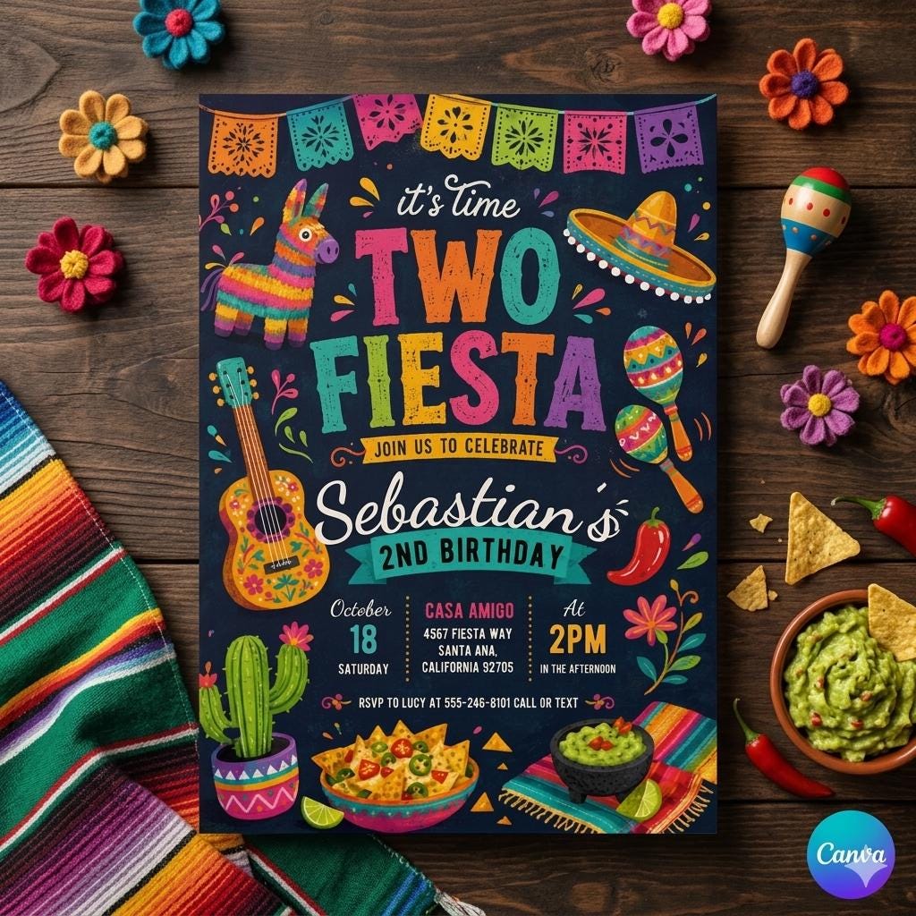 Editable Time Two Fiesta 2nd Birthday Party Invitation No Time To Siesta Let's Fiesta Mexican Cactus 2nd Birthday Party (Digital Download)