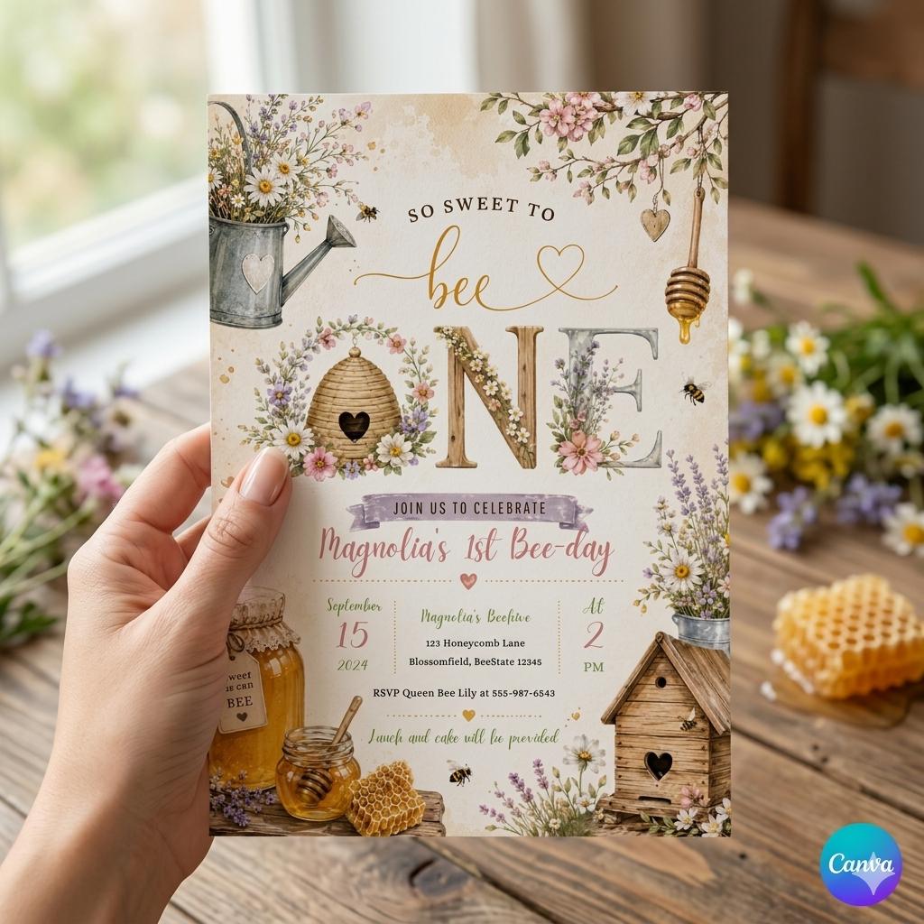Editable Bee Birthday Invitation So Sweet To Bee One Birthday Wildflower Daisy Meadow Honey Bee Bumble Bee 1st Birthday